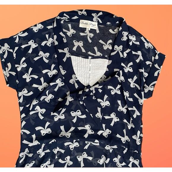 Bettie Page Las Vegas XL 10 Navy Blue & White Bow 40s Style Day Dress - Picture 4 of 13